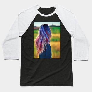 Colorful haired woman walks at farm Baseball T-Shirt